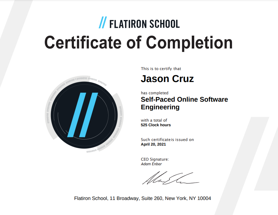 Flatiron School Software Engineering certification
