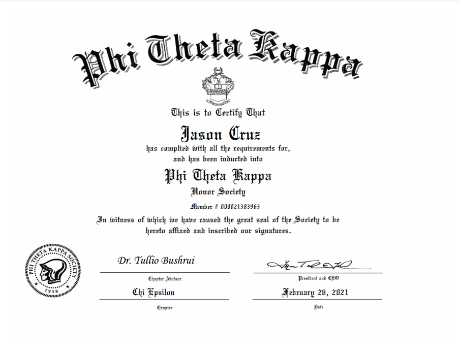 Phi Theta Kappa Honors Society Award certification
